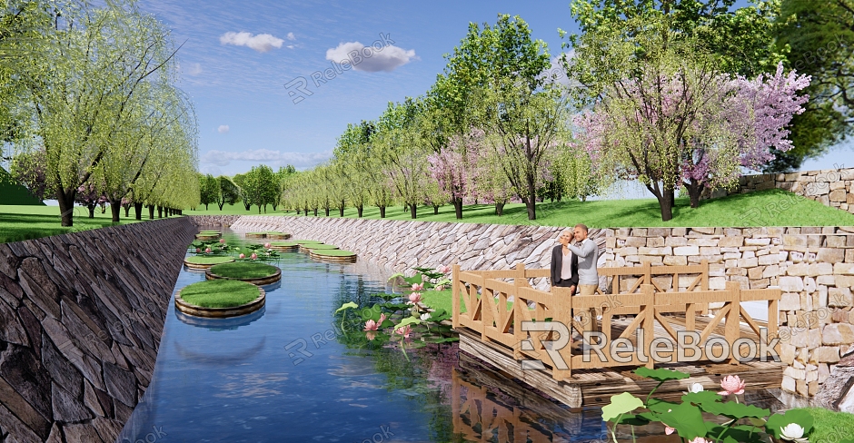 Modern Park Waterfront Wetland Park Landscape River Landscape Stream River Bank Revetment Water Wood Platform Lotus model