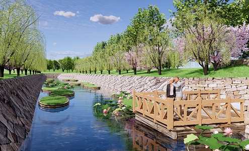 Modern Park Waterfront Wetland Park Landscape River Landscape Stream River Bank Revetment Water Wood Platform Lotus 3d model