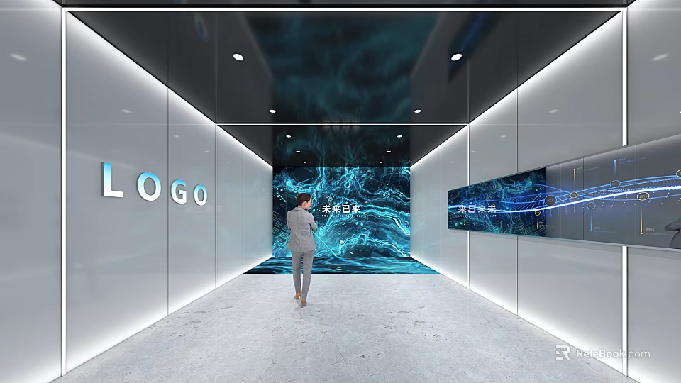 Modern Exhibition Hall Interior With Large Dynamic LED Display Wall And Logo Lighting 3d model