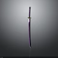 Purple Samurai Sword With Golden Hilt On Dark Background With Reflection