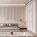 Modern Elegant Bedroom Interior With White Wooden Wall Panel Bed Wardrobe Mirror Carpet And Plant
