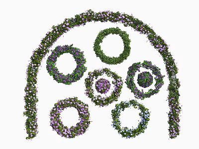 Multiple Circular Flower Wreaths With Purple Flowers And Green Leaves 3d model