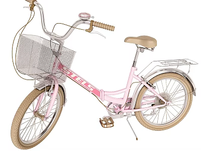 Pink Bicycle With Front Wire Basket Rear Rack And Beige Saddle 3d model