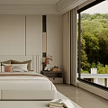 Modern Bedroom Interior With King Size Bed Wooden Nightstands Soft Carpet And Large Window