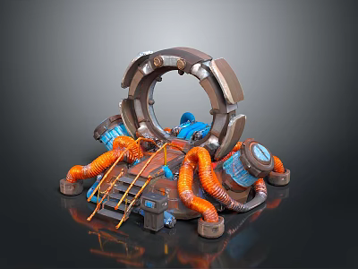 Sci-Fi Scene Component With Circular Ring Orange Pipes Blue Devices And Platform 3d model