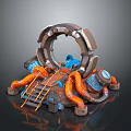 Sci-Fi Scene Component With Circular Ring Orange Pipes Blue Devices And Platform