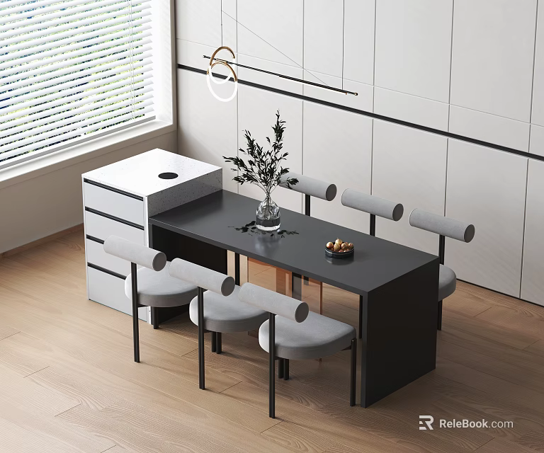 Modern Dining Table Set With Black Surface Grey Chairs White Cabinet Fruit Bowl And Vase 3d model 