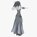 Woman In Gray Long Dress With White Line Decorations And Sword At Waist