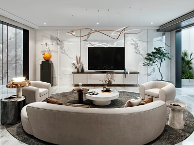 Modern Living Room Interior Design With Round Sofa TV Coffee Table And Chandelier 3d model