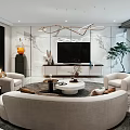 Modern Living Room Interior Design With Round Sofa TV Coffee Table And Chandelier