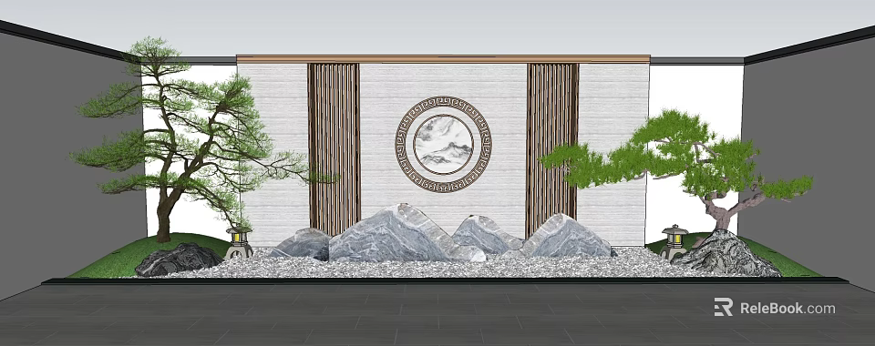 Chinese Modern Scenic Wall with Circular Landscape Painting Vertical Slats Stone Arrangement and Pine Trees 3d model 