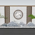 Chinese Modern Scenic Wall with Circular Landscape Painting Vertical Slats Stone Arrangement and Pine Trees