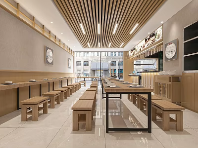 Minimalist Wooden Restaurant Interior With Long Tables Benches Wall Clocks And Bright Lighting 3d model