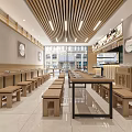 Minimalist Wooden Restaurant Interior With Long Tables Benches Wall Clocks And Bright Lighting