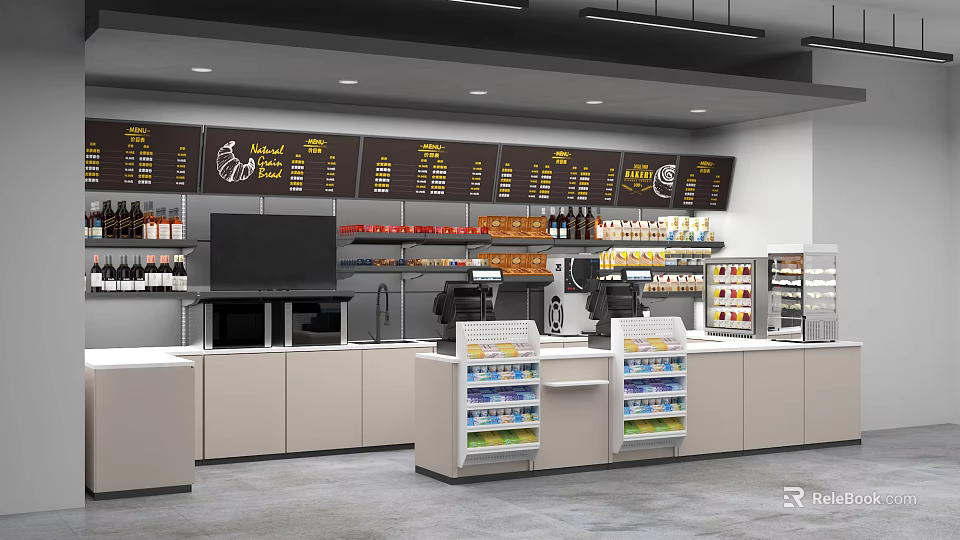 Modern Reception Desk With Shelves Cash Registers Display Screen And Menu Boards 3d model 