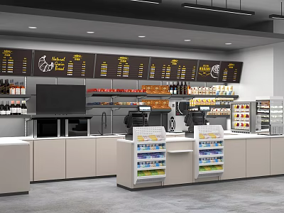 Modern Reception Desk With Shelves Cash Registers Display Screen And Menu Boards 3d model