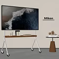 Modern Mikon TV on Rolling Stand with Books Decorative Items and Side Table