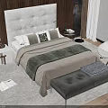 Modern Warm Bedroom Interior With Double Bed Upholstered Headboard Bench Chair And Snowy View