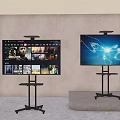 Two Modern Televisions Displaying Streaming Content And Data Visualization On Stands Warm Lit Interior