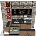 Functional Coffee Shop Bar Table With Brick Wall Menu Board And Stools 3d model