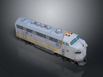 White Diesel Train Locomotive with Circular Engine Vents Yellow Stripes Front Windows and 3D Design 3d model