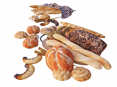 Assorted Fresh Artisanal Bread Selection With Baguettes Rolls Croissants and Loaves 3d model