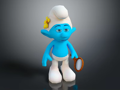 Blue Smurf Character With White Hat Yellow Flower Holding Mirror Toy Figure 3d model