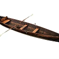 Vintage Wooden Boat With Brown Wood Grain Seats And Long Rowing Oar