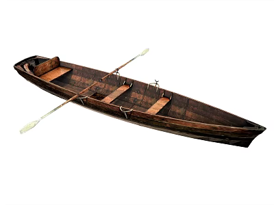 Vintage Wooden Boat With Brown Wood Grain Seats And Long Rowing Oar 3d model