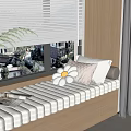 Modern Upholstered Bay Window Bench With Decorative Pillows And Scenic Mountain Water View