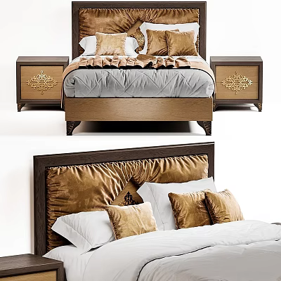 Double Bed Bedroom Interior With Tufted Velvet Headboard Carved Nightstands And Decorative Pillows 3d model