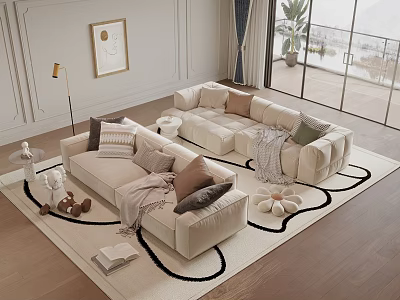 Modern Living Room Interior With Beige Two Seater Sofa Soft Cushions And Throw Blanket 3d model