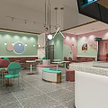Bubble Tea Shop Interior Featuring Green Pink Walls Circular Decorations Green Chairs And Marble Counter