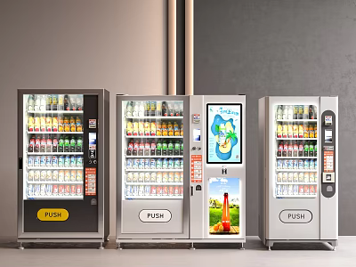 Different Colored Vending Machines With Bottled Beverages Screen Advertisement And PUSH Buttons 3d model
