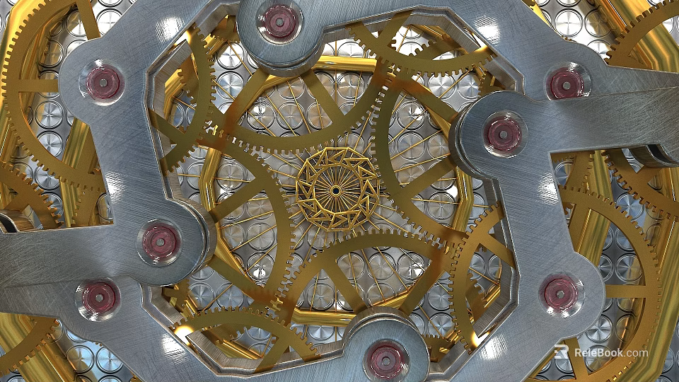 Intricate Storefront Design With Metal Gears Gold Silver Circular Patterns And Red Knobs 3d model 