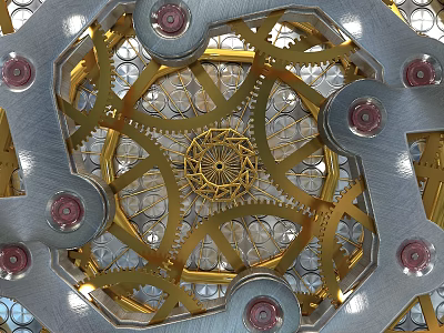 Intricate Storefront Design With Metal Gears Gold Silver Circular Patterns And Red Knobs 3d model