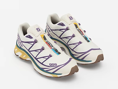 Stylish White Athletic Shoes With Purple Lines Colorful Accents And Brown Sole 3d model