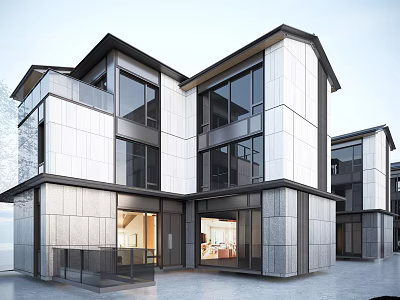 Modern Multi Story Townhouse With Glass Windows Stone Exterior And Balcony 3d model