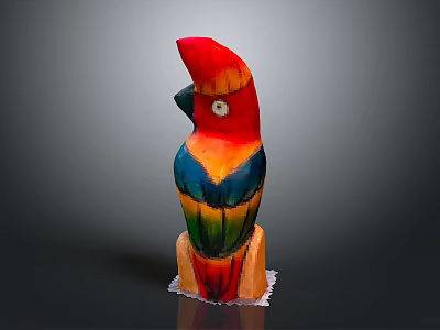 Colorful Handcrafted Parrot Sculpture With Red Head And Vibrant Feathers On Base 3d model