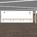Bright Sports Fitness Indoor Training Area With Wooden Floor Ballet Barre Windows And Curtains