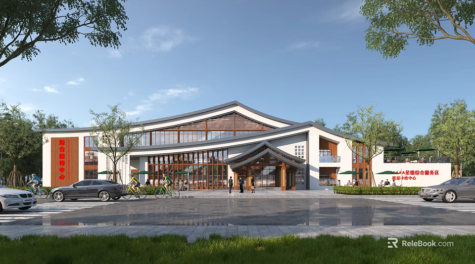 Visitor Center With Traditional Roof And Modern Exterior Surrounded By Green Trees 3d model 