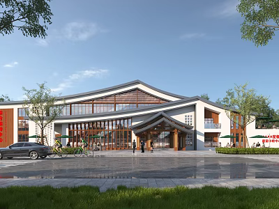 Visitor Center With Traditional Roof And Modern Exterior Surrounded By Green Trees 3d model