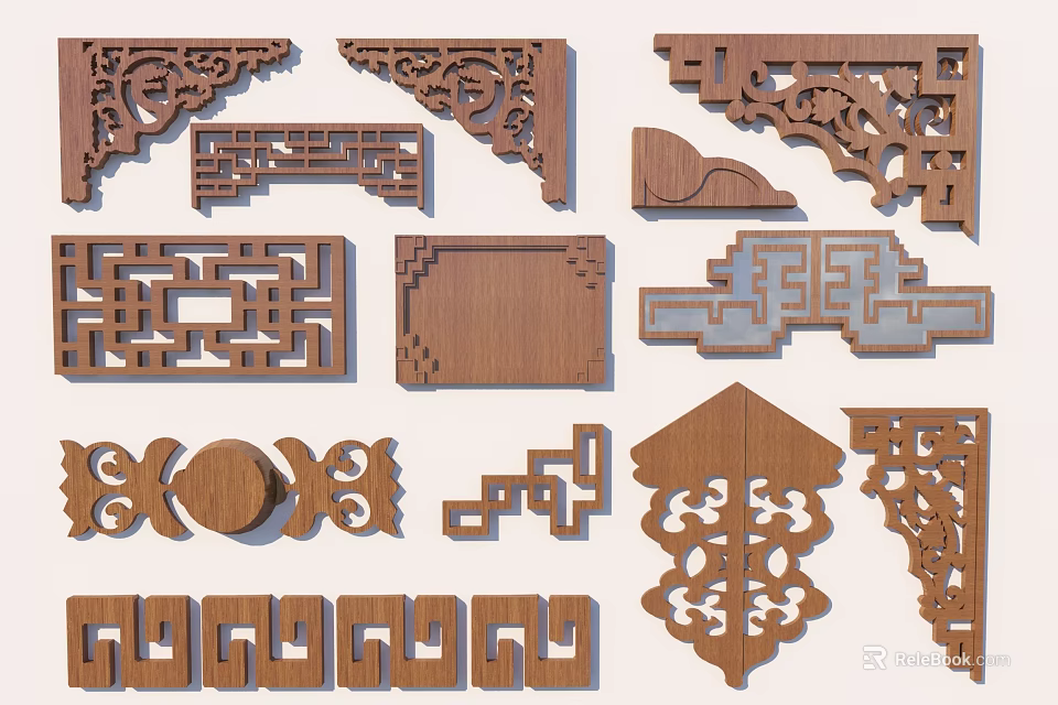 Wooden Carved Decorative Components With Traditional Patterns Geometric Designs And Ornate Details 3d model 