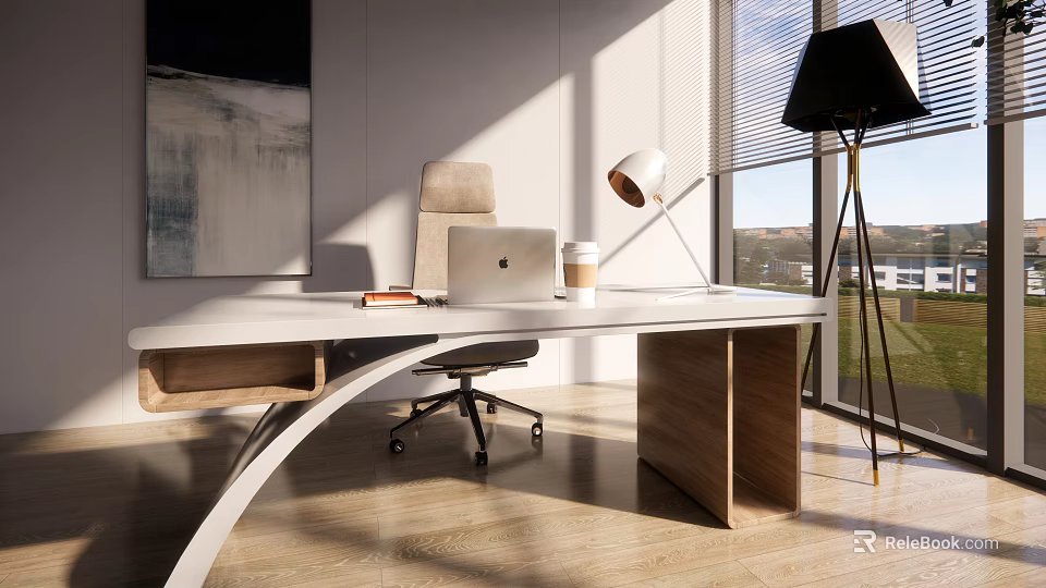 Modern Office Desk With Laptop Coffee Cup Table Lamp And Rolling Chair In Natural Light 3d model 