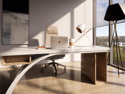 Modern Office Desk With Laptop Coffee Cup Table Lamp And Rolling Chair In Natural Light 3d model