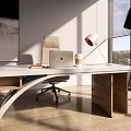 Modern Office Desk With Laptop Coffee Cup Table Lamp And Rolling Chair In Natural Light