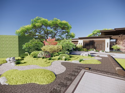 Japanese Style Garden Landscape With Green Trees Lawn Gravel Paths And Traditional Building 3d model