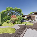 Japanese Style Garden Landscape With Green Trees Lawn Gravel Paths And Traditional Building