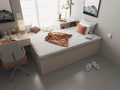 Modern Single Bed Interior Design with Desk Chair Storage Cabinets Plant and Paintings 3d model
