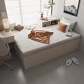 Modern Single Bed Interior Design with Desk Chair Storage Cabinets Plant and Paintings